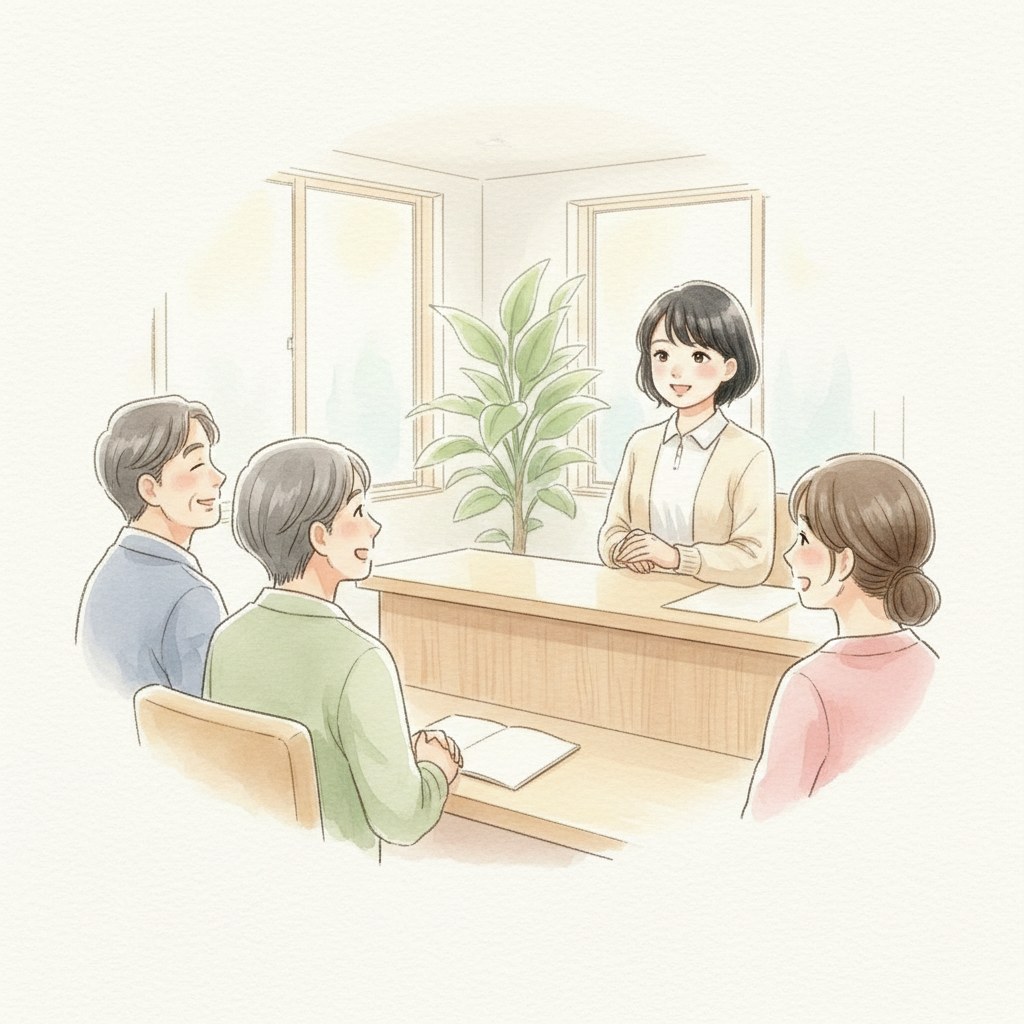 地域包括支援センターの窓口で、スタッフがご家族をあたたかく迎えているイラスト