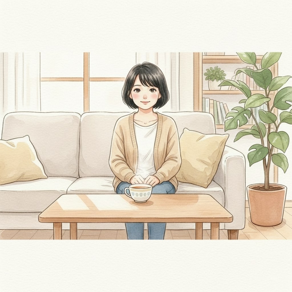 介護の悩みを相談して、表情が和らいでいく女性のイラスト