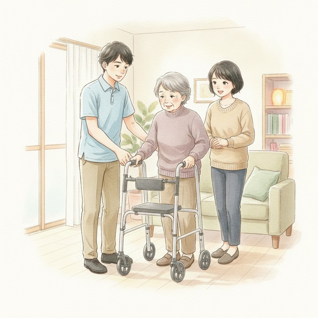 福祉用具専門相談員と一緒に、歩行器を試す高齢の女性と家族のイラスト