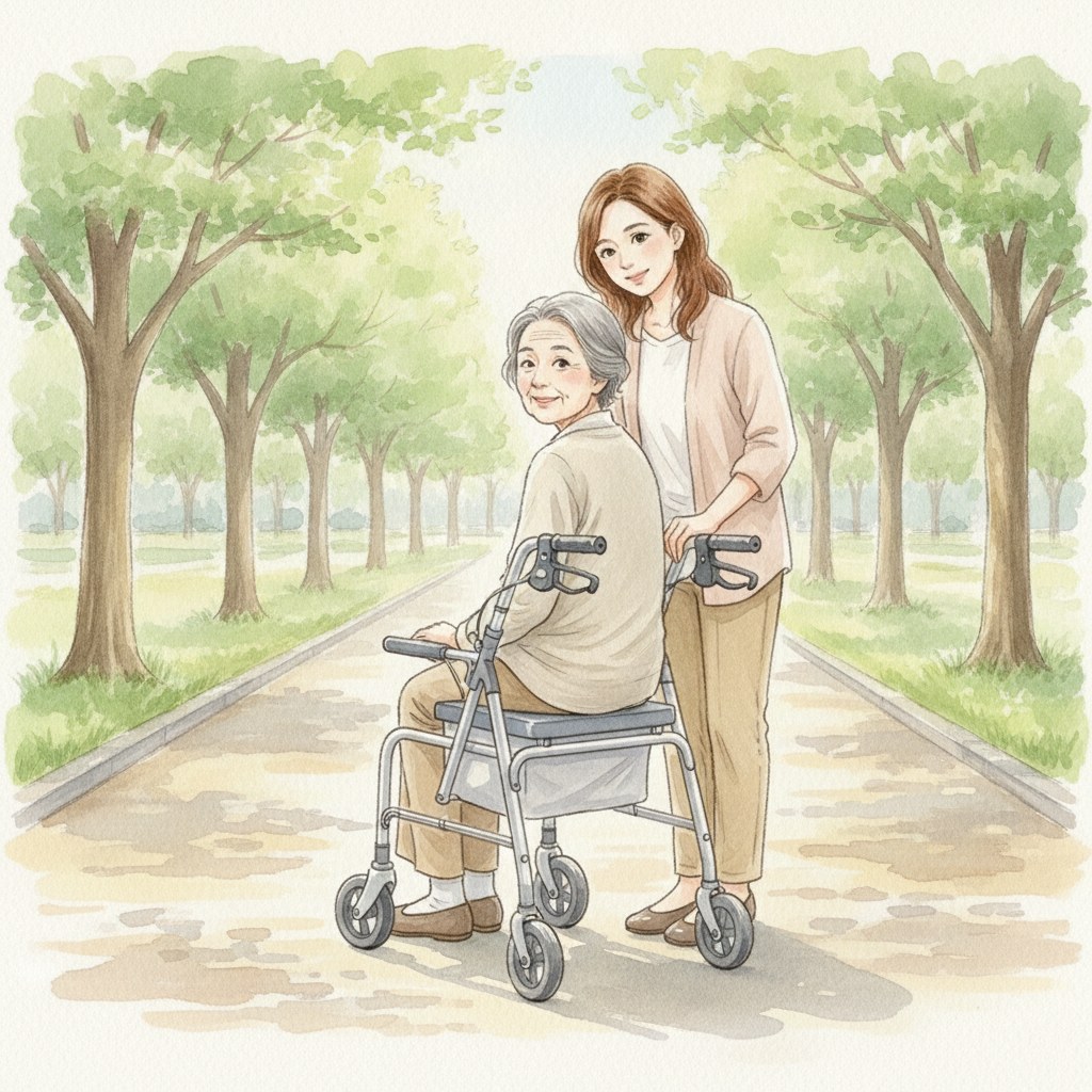 散歩の途中、椅子付き歩行器に腰掛けてひと休みする高齢の女性のイラスト
