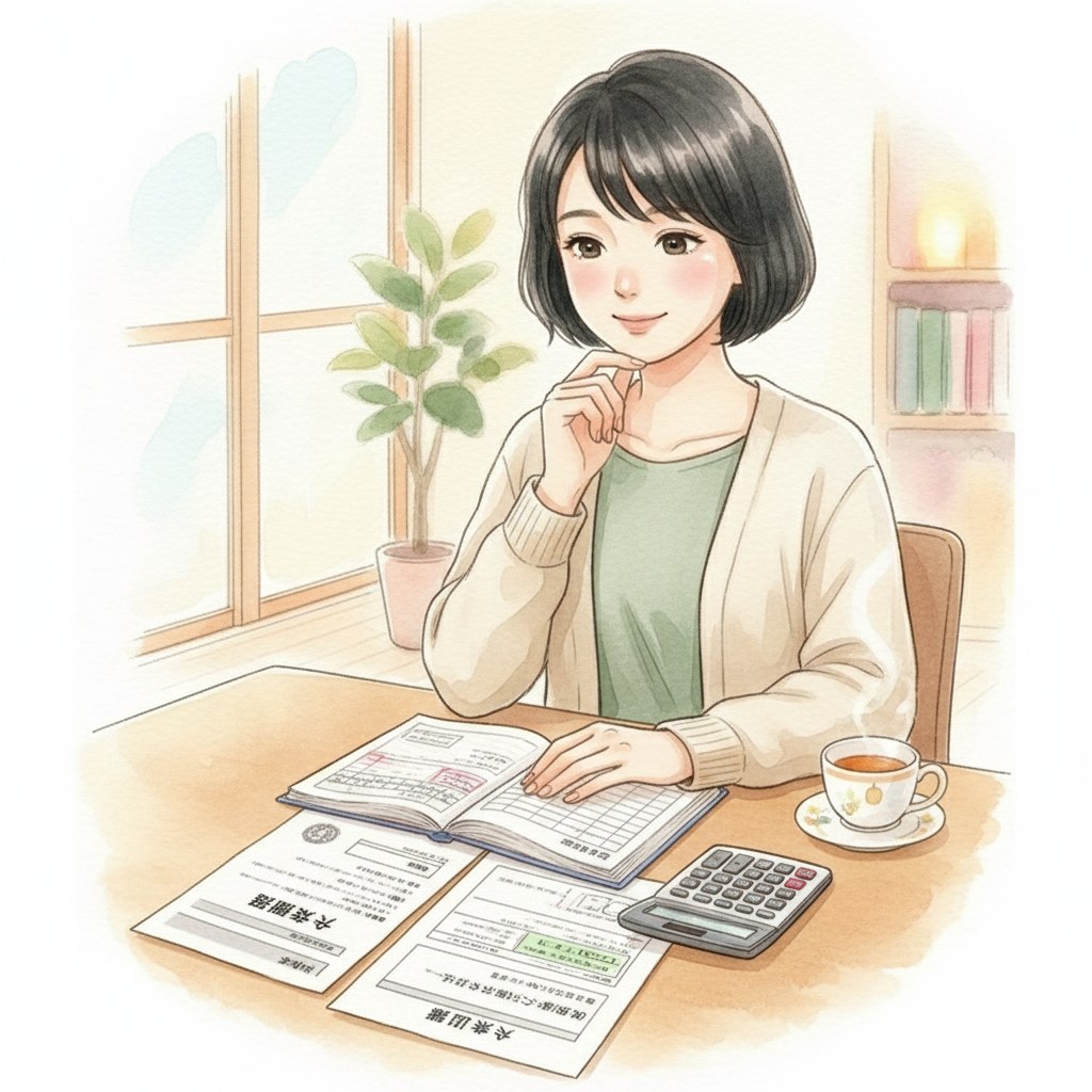 家計簿や介護費用の書類を前に、お金のことを考える家族のイラスト