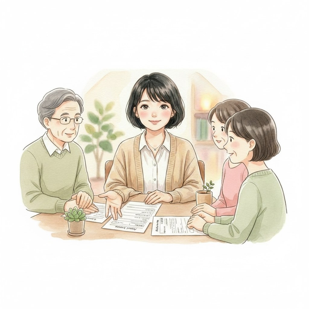申請書類を一緒に確認し、使える制度を案内するケアマネジャーと家族のイラスト