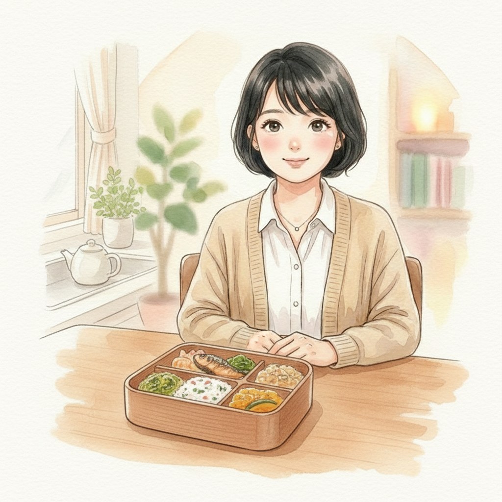 栄養バランスのよい宅配のお弁当と、ほっと安心した表情の介護者のイラスト