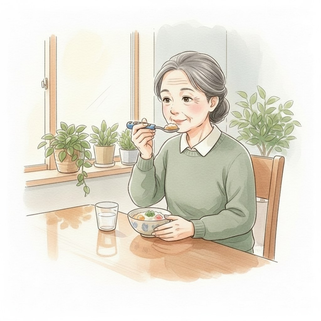 正しい姿勢で、持ちやすいスプーンを使って自分で食事をする高齢女性のイラスト