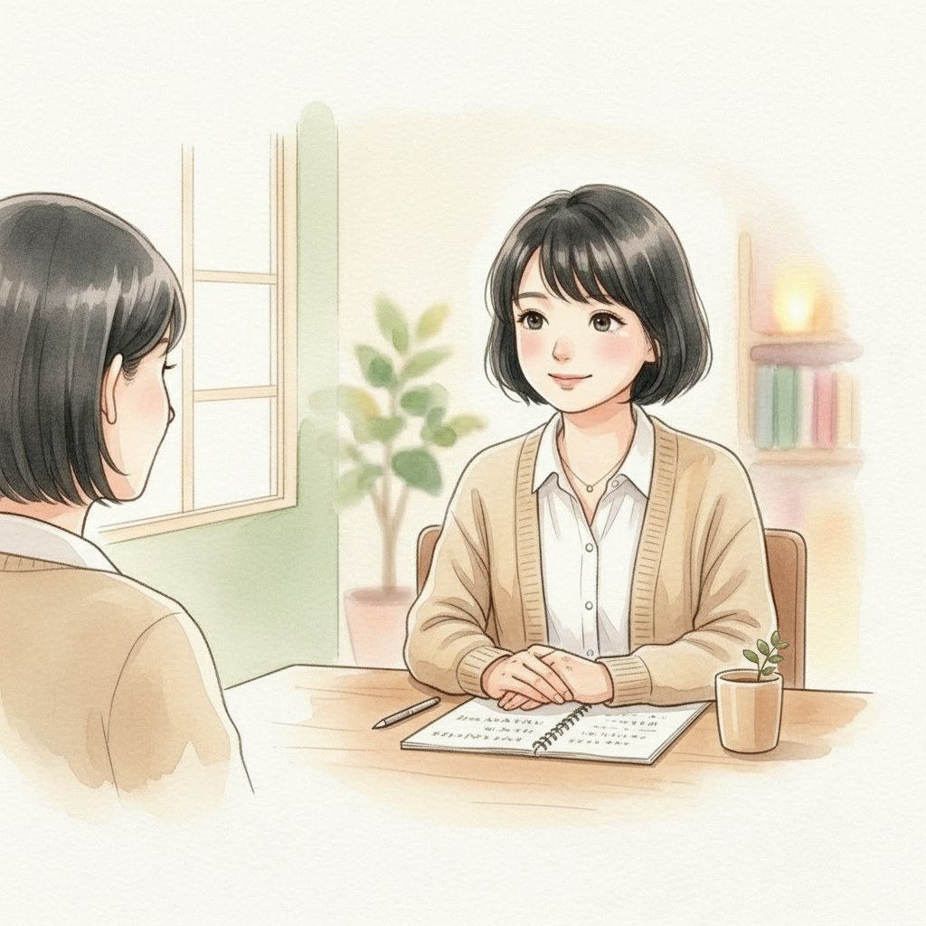 利用者の話に丁寧に耳を傾けるケアマネジャーのイラスト