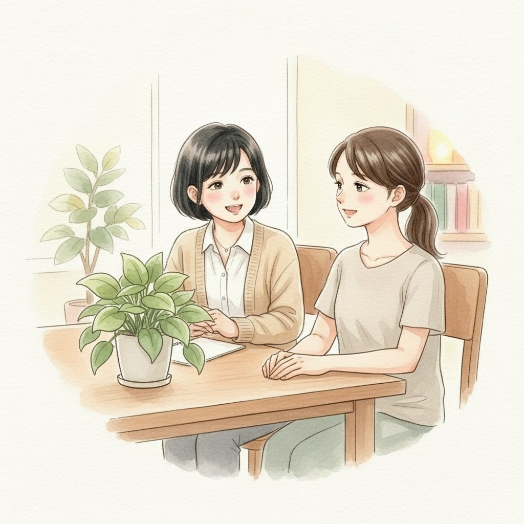 家族をやさしく励ますケアマネジャーと、安心した表情の家族のイラスト