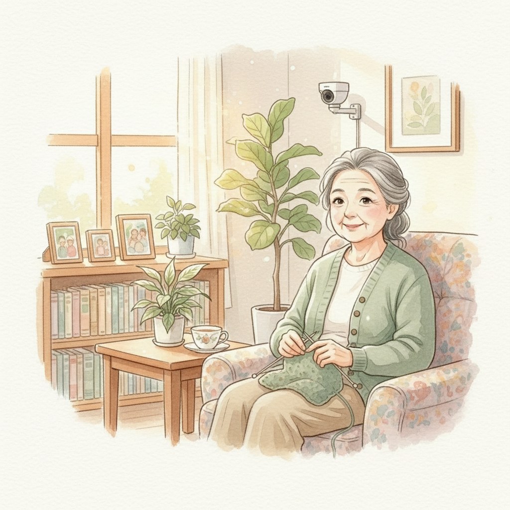 自宅で穏やかに過ごす高齢の母と、棚の上の見守りカメラのイラスト