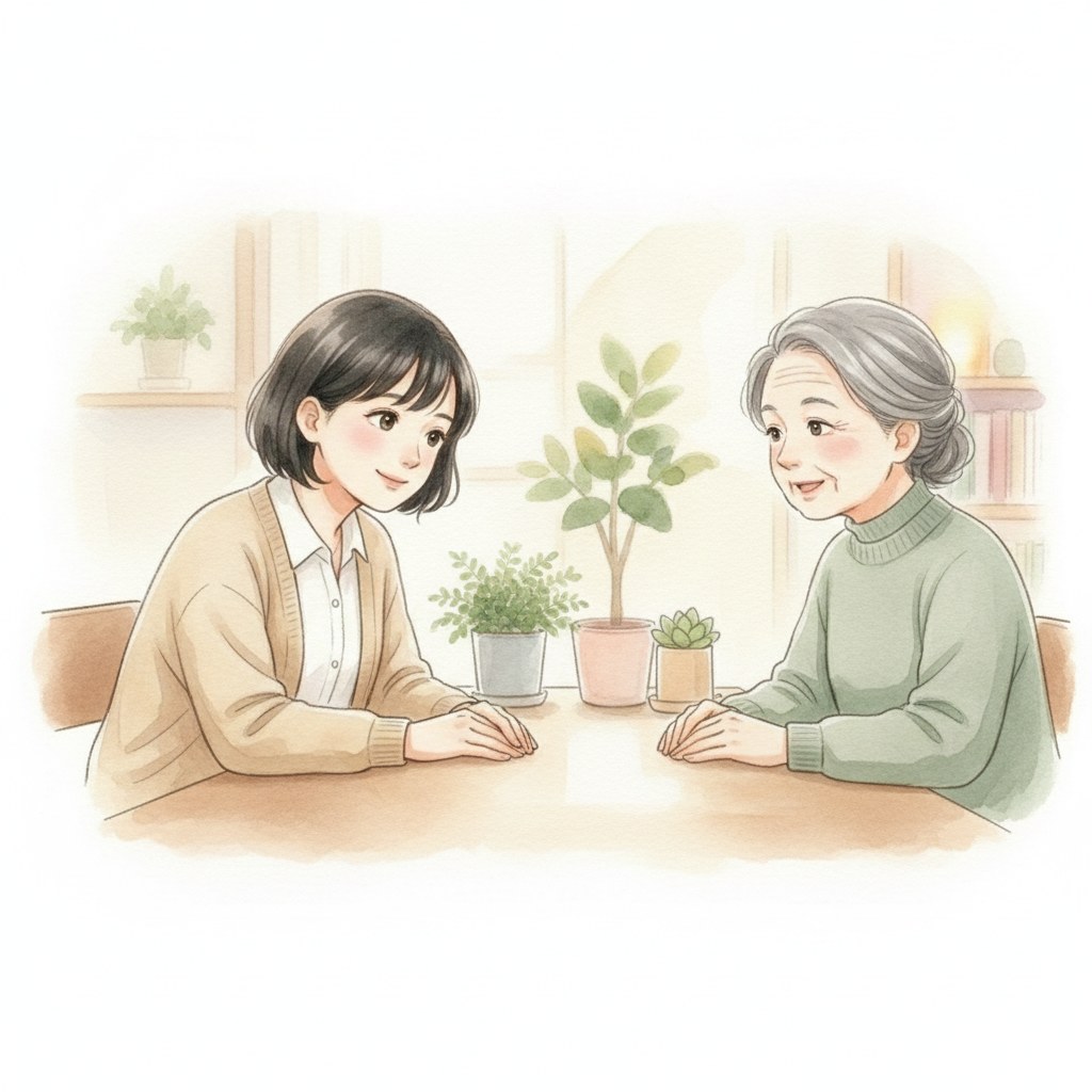 高齢の母親の話に、やさしく耳を傾ける娘のイラスト