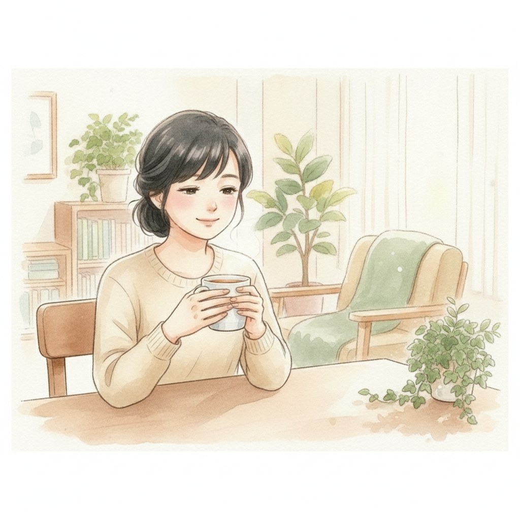 温かいお茶を前に、ほっと一息つく介護者のイラスト