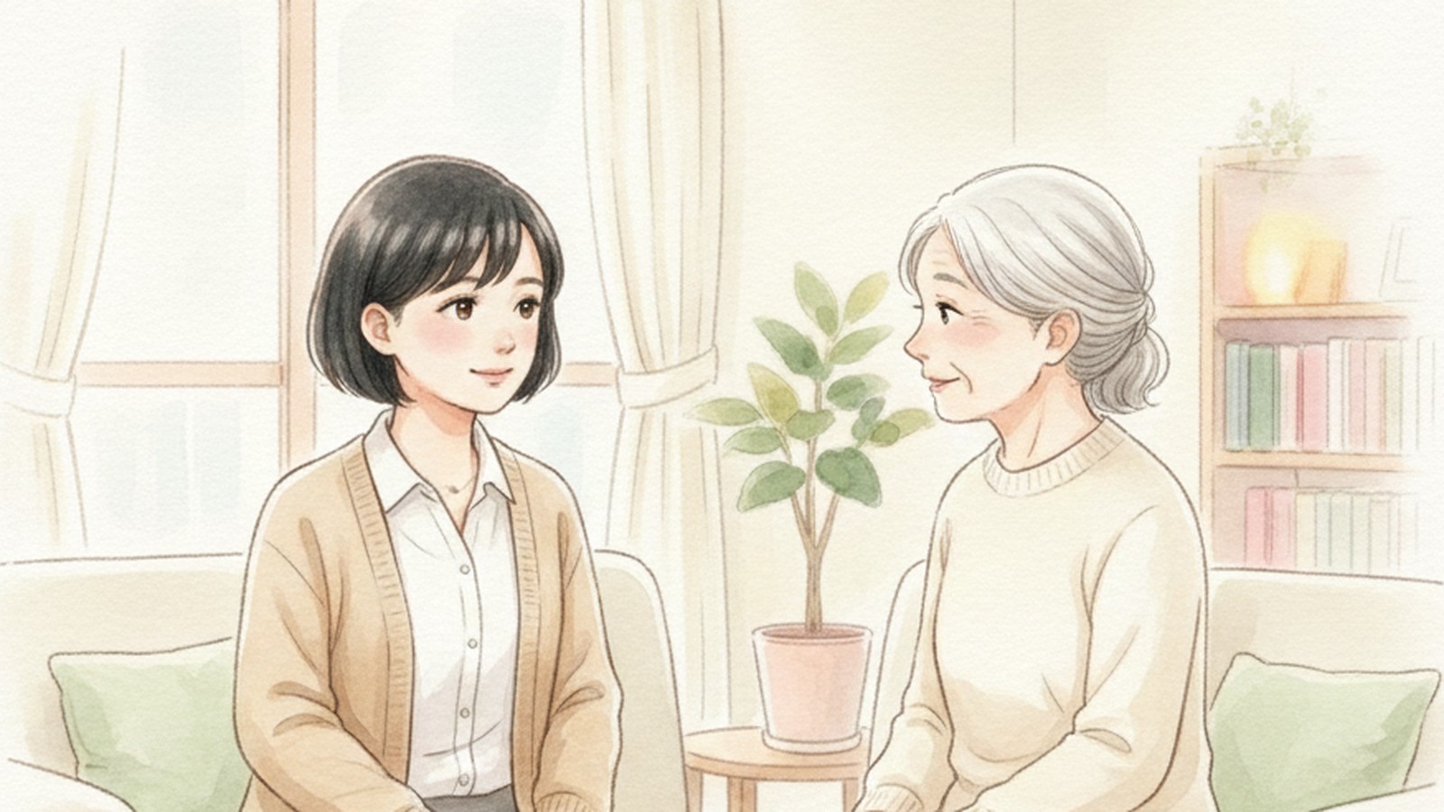 ケアマネジャーの風香が高齢の女性の話をやさしく聞いている水彩イラスト