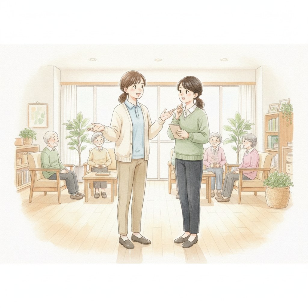 施設見学で、スタッフの案内を受ける家族のイラスト