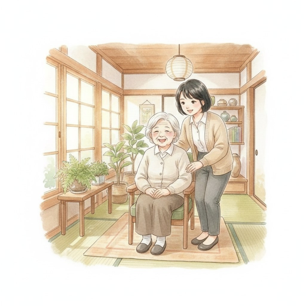こぢんまりした温かい施設で、笑顔で過ごす高齢の女性と寄り添う家族のイラスト