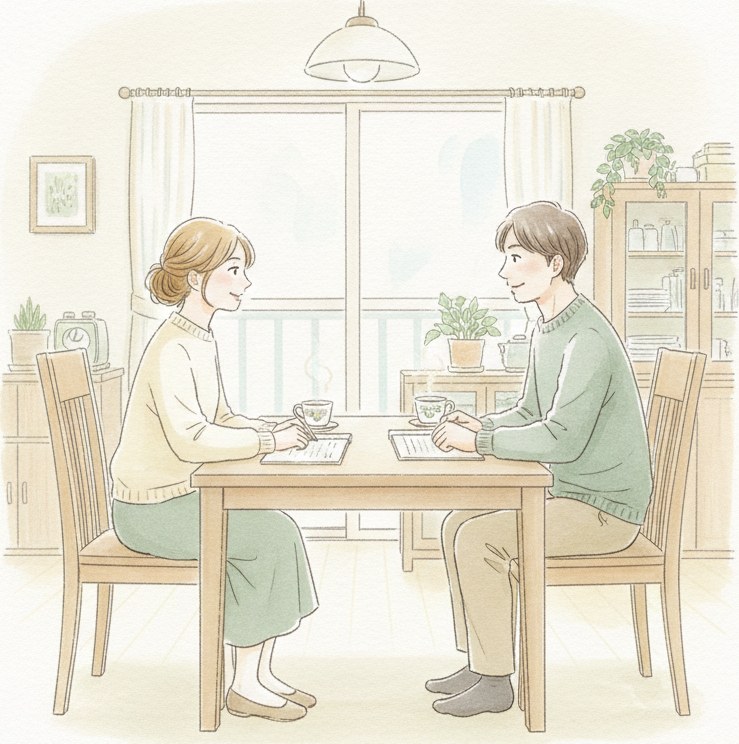 実家のテーブルできょうだいが親の介護について話し合っているイラスト