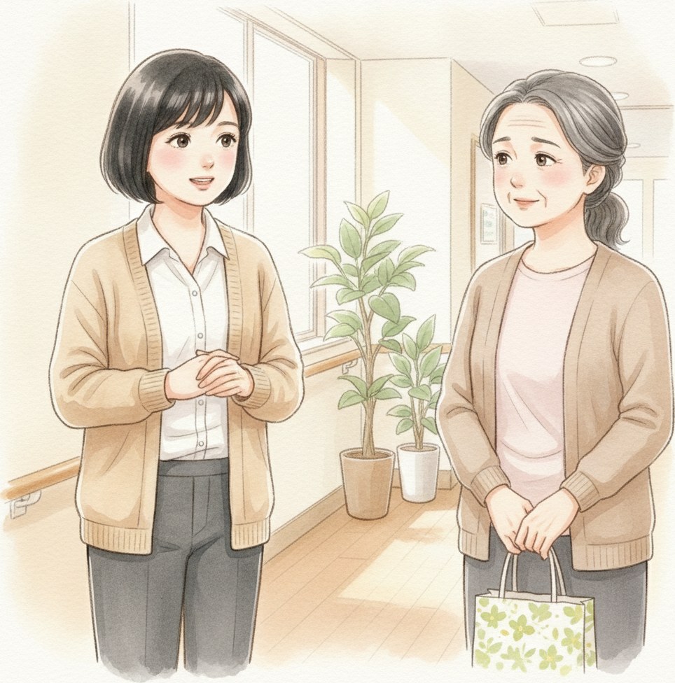施設の廊下で、ケアマネジャーの風香が面会に訪れた長女に利用者様の様子を報告しているイラスト