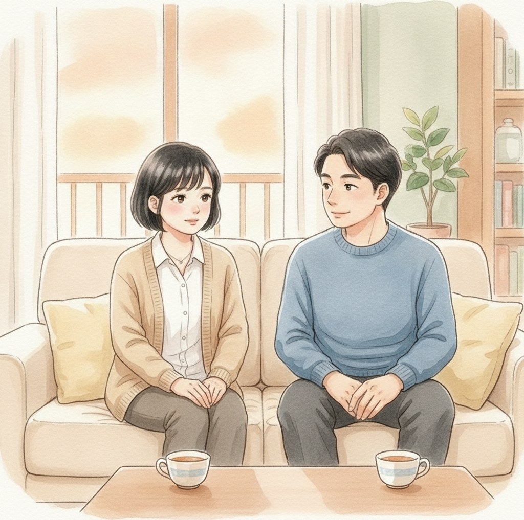 リビングのソファで、風香と夫が義父母の介護についてこれからを話し合っているイラスト