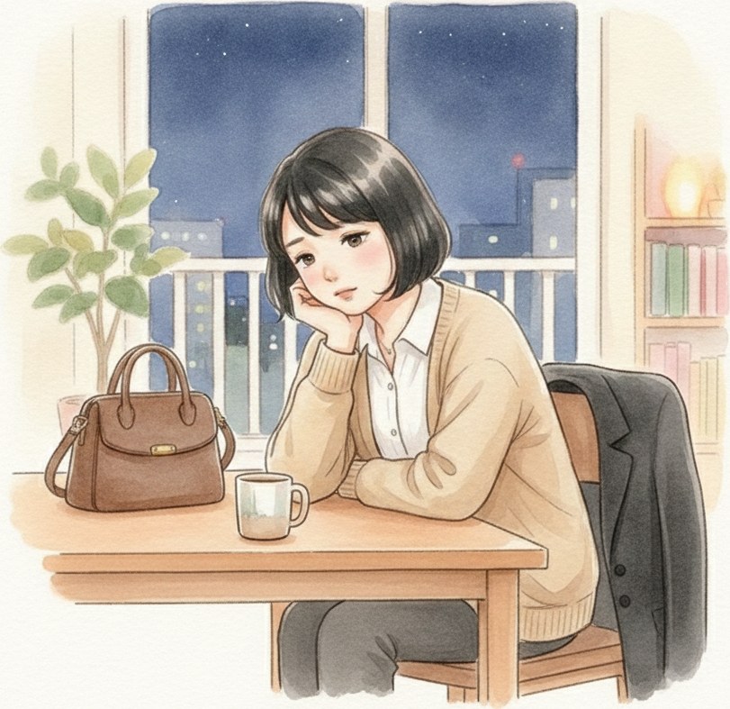 夜、仕事から帰宅し、疲れた表情で一息ついている風香のイラスト