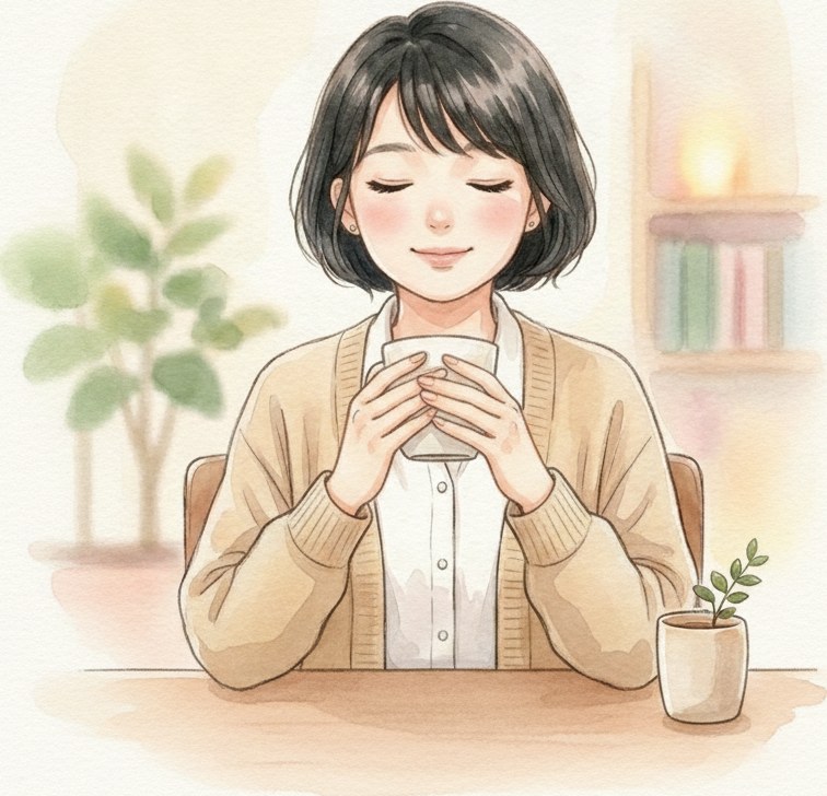 明るい窓辺で、風香が両手でマグカップを持ちほっと一息ついているイラスト