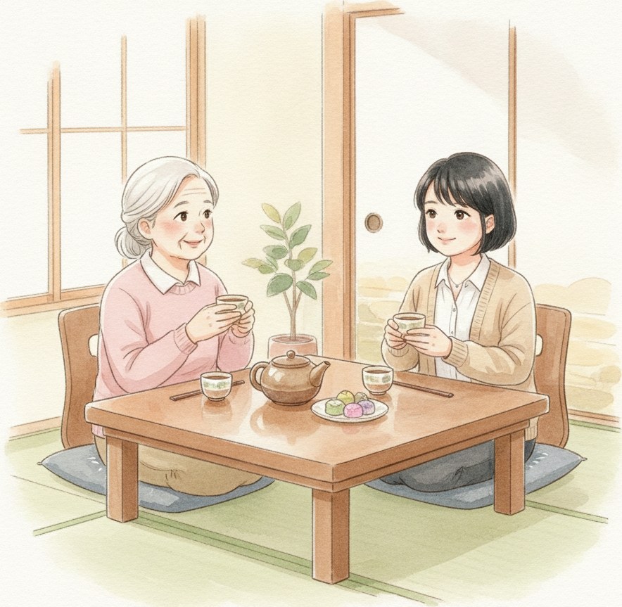 和室で風香と義母が座卓を挟み、お茶を飲みながら穏やかに笑い合っているイラスト