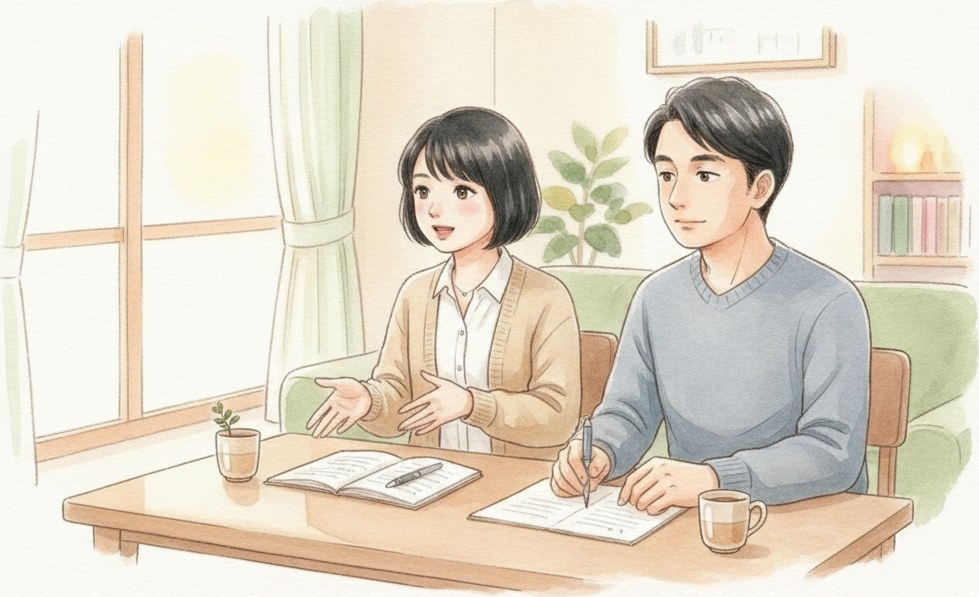 リビングで風香と夫が向かい合い、これからの介護について話し合っているイラスト